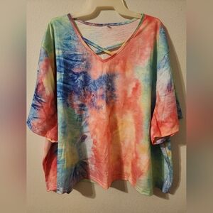 Shein Curve Neon Pastel Tie Dye V-Neck Short Sleeve T-Shirt Size 4XL